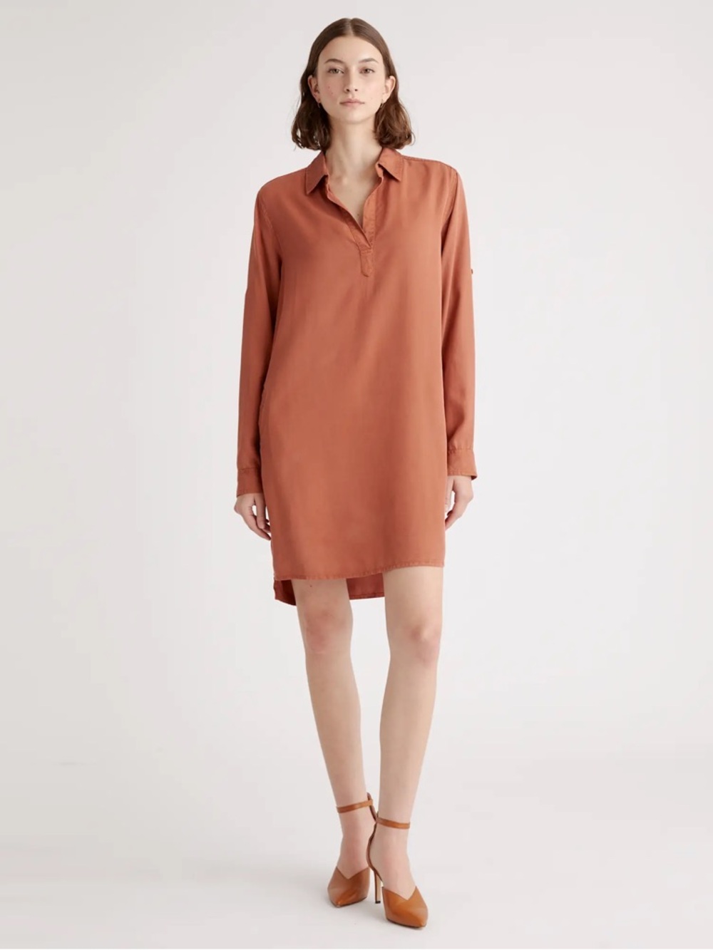 Quince Vintage Wash Tencel Tunic Dress Minimalist Capsule Terracotta Coastal XS